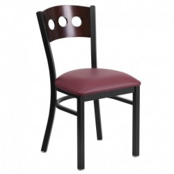 MFO Black Decorative 3 Circle Back Metal Restaurant Chair - Walnut Wood Back, Burgundy Vinyl Seat