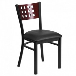 MFO Black Decorative Cutout Back Metal Restaurant Chair - Mahogany Wood Back, Black Vinyl Seat