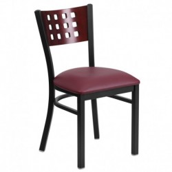 MFO Black Decorative Cutout Back Metal Restaurant Chair - Mahogany Wood Back, Burgundy Vinyl Seat