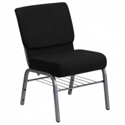 MFO 21'' Extra Wide Black Church Chair with 3.75'' Thick Seat, Book Rack - Silver Vein Frame