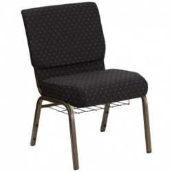 MFO 21'' Extra Wide Black Dot Patterned Fabric Church Chair with 4'' Thick Seat, Communion Cup Book Rack - Gold Vein Frame