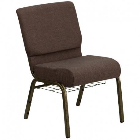 MFO 21'' Extra Wide Brown Fabric Church Chair with 4'' Thick Seat, Communion Cup Book Rack - Gold Vein Frame
