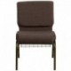 MFO 21'' Extra Wide Brown Fabric Church Chair with 4'' Thick Seat, Communion Cup Book Rack - Gold Vein Frame