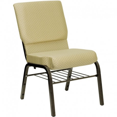 MFO 18.5''W Beige Patterned Fabric Church Chair with 4.25'' Thick Seat, Book Rack - Gold Vein Frame