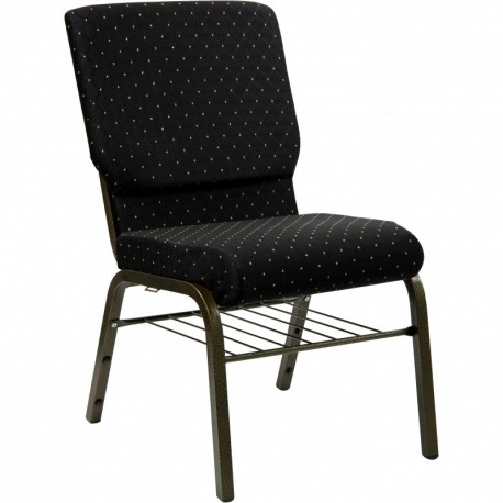 MFO 18.5''W Black Dot Patterned Fabric Church Chair with 4.25'' Thick Seat, Book Rack - Gold Vein Frame