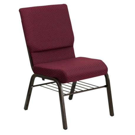 MFO 18.5''W Burgundy Patterned Fabric Church Chair with 4.25'' Thick Seat, Book Rack - Gold Vein Frame