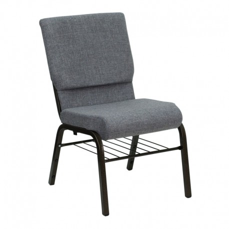 MFO 18.5'' W Gray Fabric Church Chair with 4.25'' Thick Seat, Book Rack - Gold Vein Frame