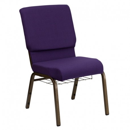 MFO 18.5'' Wide Royal Purple Fabric Church Chair with 4.25'' Thick Seat, Communion Cup Book Rack - Gold Vein Frame