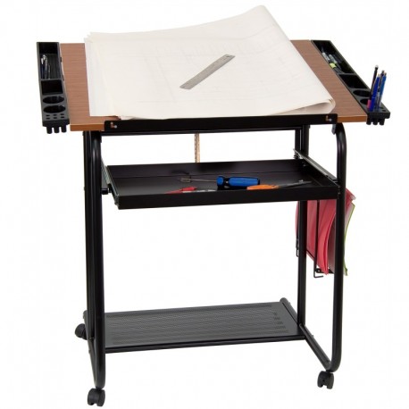 MFO Adjustable Drawing and Drafting Table with Black Frame and Dual Wheel Casters