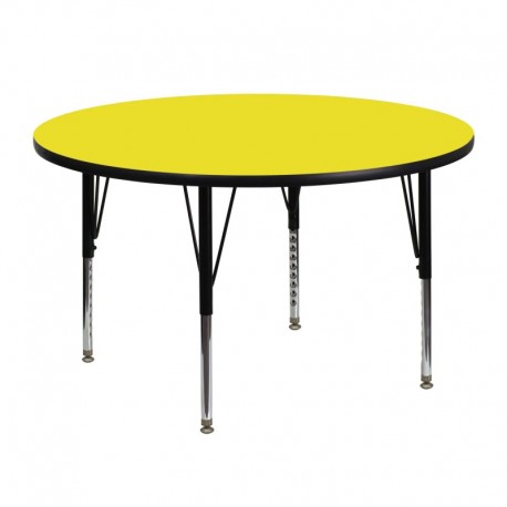 MFO 48'' Round Activity Table with 1.25'' Thick High Pressure Yellow Laminate Top and Height Adjustable Pre-School Legs