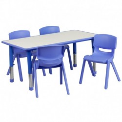MFO 23.625''W x 47.25''L Adjustable Rectangular Blue Plastic Activity Table Set with 4 School Stack Chairs