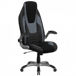 MFO High Back Black & Gray Vinyl Executive Office Chair with Black Mesh Insets and Flip Up Arms