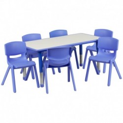 MFO 23.625''W x 47.25''L Adjustable Rectangular Blue Plastic Activity Table Set with 6 School Stack Chairs