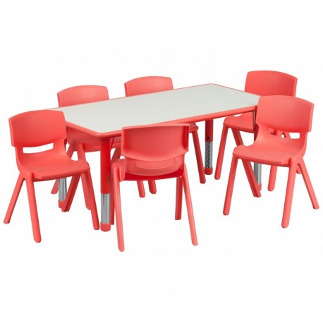 MFO 23.625''W x 47.25''L Adjustable Rectangular Red Plastic Activity Table Set with 6 School Stack Chairs