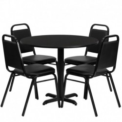 MFO 36'' Round Black Laminate Table Set with 4 Black Trapezoidal Back Banquet Chairs