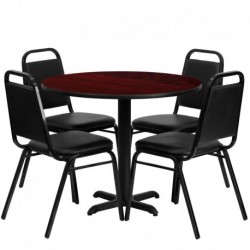 MFO 36'' Round Mahogany Laminate Table Set with 4 Black Trapezoidal Back Banquet Chairs