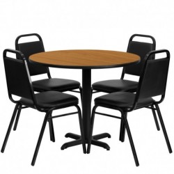 MFO 36'' Round Natural Laminate Table Set with 4 Black Trapezoidal Back Banquet Chairs