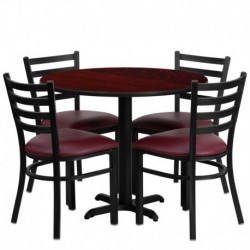 MFO 36'' Round Mahogany Laminate Table Set with 4 Ladder Back Metal Chairs - Burgundy Vinyl Seat