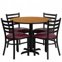 MFO 36'' Round Natural Laminate Table Set with 4 Ladder Back Metal Chairs - Burgundy Vinyl Seat