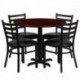 MFO 36'' Round Mahogany Laminate Table Set with 4 Ladder Back Metal Chairs - Black Vinyl Seat