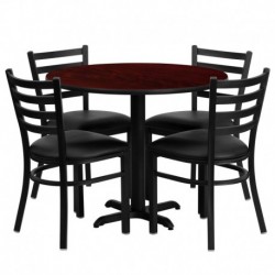 MFO 36'' Round Mahogany Laminate Table Set with 4 Ladder Back Metal Chairs - Black Vinyl Seat