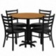 MFO 36'' Round Natural Laminate Table Set with 4 Ladder Back Metal Chairs - Black Vinyl Seat