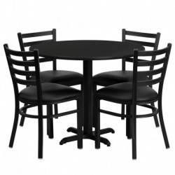 MFO 36'' Round Black Laminate Table Set with 4 Ladder Back Metal Chairs - Black Vinyl Seat