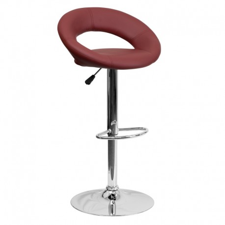 MFO Contemporary Burgundy Vinyl Rounded Back Adjustable Height Bar Stool with Chrome Base