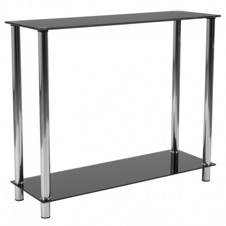 MFO Oxford Collection Black Glass Console Table with Shelves and Stainless Steel Frame
