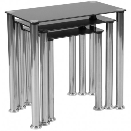 MFO Oxford Collection Black Glass Nesting Tables with Stainless Steel Legs