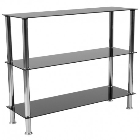 MFO Oxford 3 Shelf 31.5"H Glass Storage Display Unit Bookcase with Stainless Steel Frame in Black