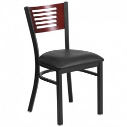MFO Princeton Black Slat Back Metal Restaurant Chair - Mahogany Wood Back, Black Vinyl Seat