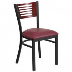 MFO Princeton Black Slat Back Metal Restaurant Chair - Mahogany Wood Back, Burgundy Vinyl Seat
