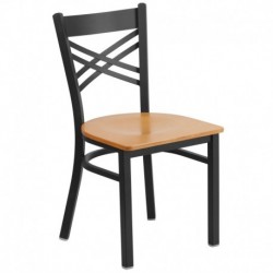 MFO Princeton Collection Black ''X'' Back Metal Restaurant Chair - Natural Wood Seat