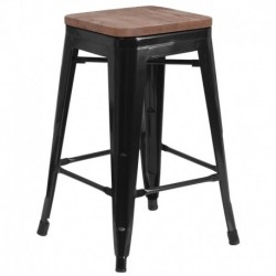 MFO 24" High Backless Black Metal Counter Height Stool with Square Wood Seat