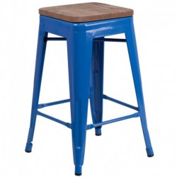 MFO 24" High Backless Blue Metal Counter Height Stool with Square Wood Seat
