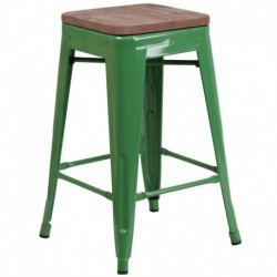 MFO 24" High Backless Green Metal Counter Height Stool with Square Wood Seat
