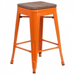 MFO 24" High Backless Orange Metal Counter Height Stool with Square Wood Seat