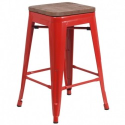 MFO 24" High Backless Red Metal Counter Height Stool with Square Wood Seat