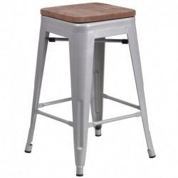 MFO 24" High Backless Silver Metal Counter Height Stool with Square Wood Seat