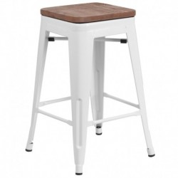 MFO 24" High Backless White Metal Counter Height Stool with Square Wood Seat