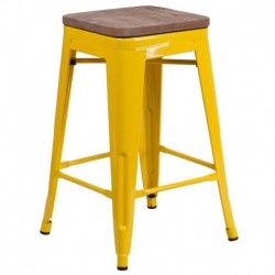 MFO 24" High Backless Yellow Metal Counter Height Stool with Square Wood Seat