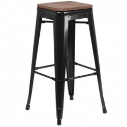 MFO 30" High Backless Black Metal Barstool with Square Wood Seat