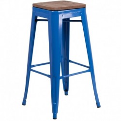 MFO 30" High Backless Blue Metal Barstool with Square Wood Seat