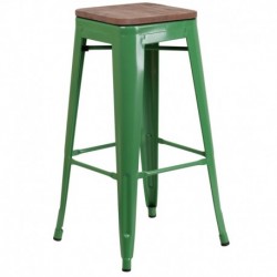 MFO 30" High Backless Green Metal Barstool with Square Wood Seat