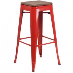 MFO 30" High Backless Red Metal Barstool with Square Wood Seat