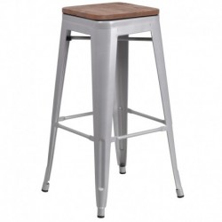 MFO 30" High Backless Silver Metal Barstool with Square Wood Seat