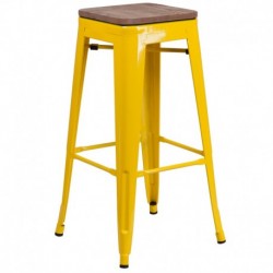 MFO 30" High Backless Yellow Metal Barstool with Square Wood Seat
