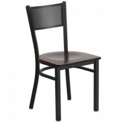 MFO Princeton Collection Black Grid Back Metal Restaurant Chair - Walnut Wood Seat