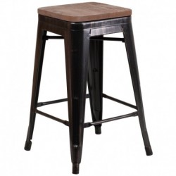MFO 24" High Backless Black-Antique Gold Metal Counter Height Stool with Square Wood Seat